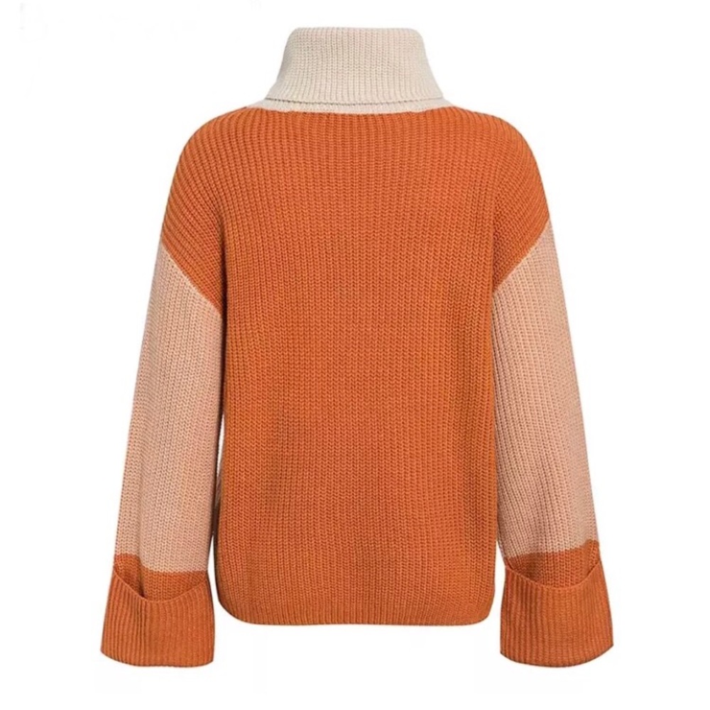 Cream Orange Color Block Turtleneck Knit Sweater - Picture 6 of 6